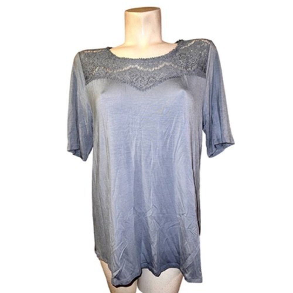 Soft Surroundings Blue Lace Yoke Short Sleeve Top Size Large 28H00